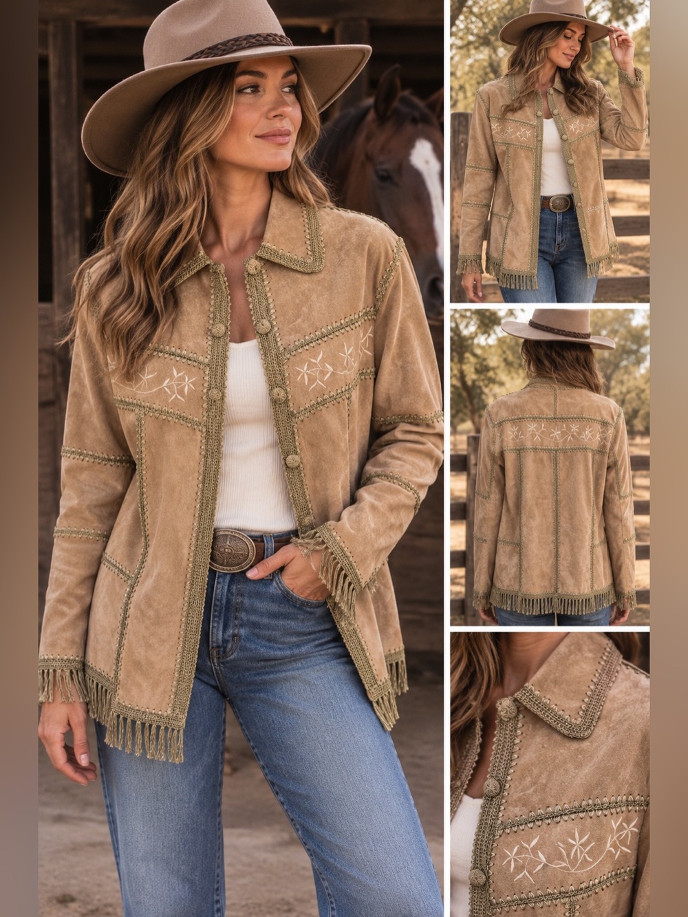 Vintage Dressbarn Suede Leather Jacket S Western Fringe Embroidered Boho